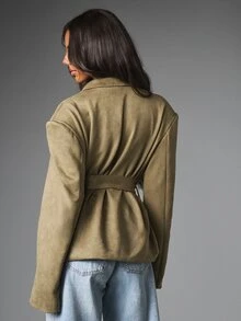 MISSGUIDED Faux Suede Wrap Blazer Jacket With Self-Tie Belt Lapel Collar Oversized Fit Autumn Winter Evening Occasion - Army Green - View 2
