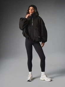 MISSGUIDED Oversized Half-Zip Fleece Sweatshirt With Cargo Pockets Mixed Texture High Neck Pullover Fall Winter Layering Top - Black - View 2