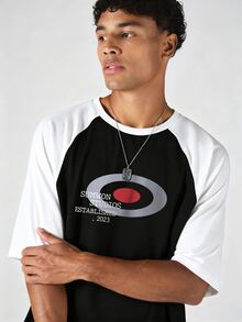 SUMWON Kaos Raglan Oversized dengan Lengan Putih Kontras dan Cetakan Grafis - Streetwear Kasual, Leher Bulat, Bahu Longgar - Hitam - View 5