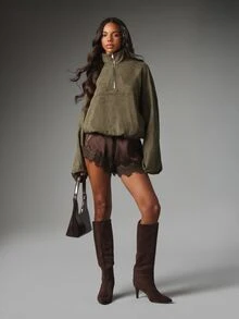 MISSGUIDED Oversized Faux Suede Half-Zip Pullover Jacket With Stand Collar And Wide Flared Sleeves Fall Winter Layering Essential - Army Green - View 4