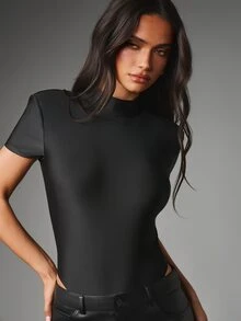 MISSGUIDED Mock Neck Short Sleeve Bodysuit With Back Keyhole Cut-Out Detail Sleek Fitted One-Piece Top Perfect For Fall Winter Date Night - Black - View 1