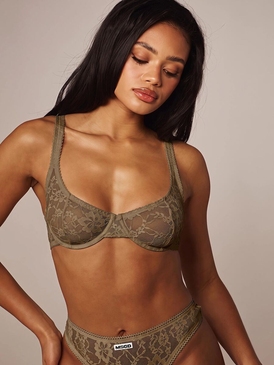 MISSGUIDED 花卉蕾絲鋼圈托高內衣,波浪飾邊寬肩帶,情人節內衣禮物 - 卡其色 - 查看 1