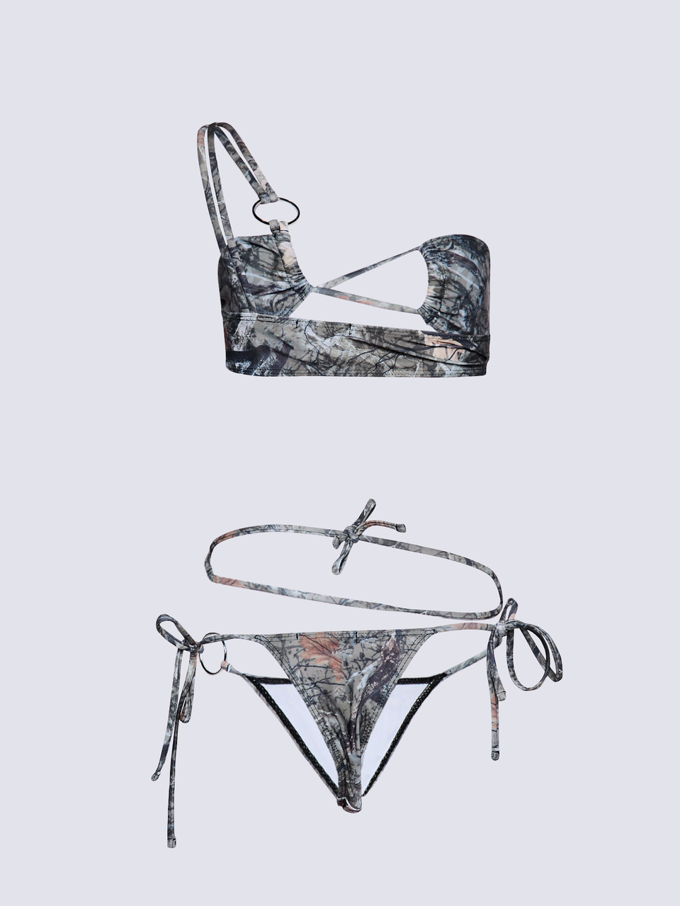 SUMWON WOMEN Bikini-Set mit abstraktem Muster, One-Shoulder-Top mit Ringdetail und Tanga-Hose mit Bindebändern, Sommer-Strandbadebekleidung