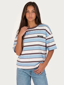 MISSGUIDED TEEN 1998 Easy Days Only Striped Oversized Boxy T-Shirt With Crew Neck Short Sleeve Chest Embroidery And Bold Back Graphic Print Summer Casual Tee - Multicolor - View 2