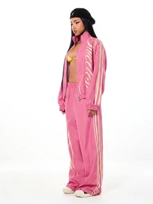 SUMWON WOMEN Winter Essentials Oversized Wide Leg Track Pants With Script Graffiti Print And Side Stripe Detail Elastic Waist Relaxed Fit Streetwear Bottoms Autumn Warm Cozy - Pink - View 5