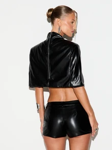 KIZN Faux Leather High Gloss Mini Hot Pants Low Rise Fitted Shorts With Belt Loops And Front Fly Party Night Out - Black - View 2
