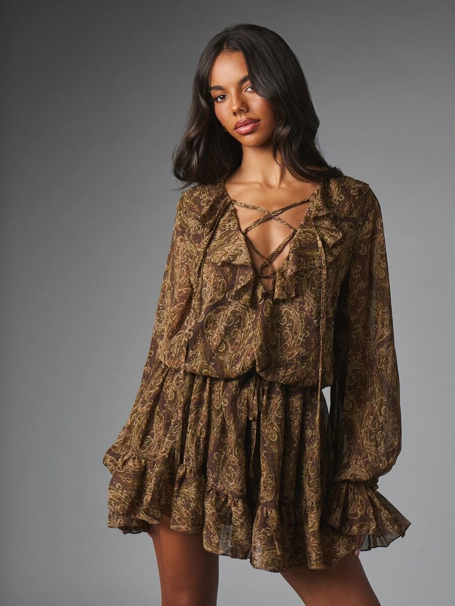 MISSGUIDED Gaun Mini Chiffon Motif Paisley dengan Leher V Bertali, Lengan Lonceng, Hiasan Ruffle, dan Pinggang Elastis, Gaya Festival Boho. - Kopi - View 1