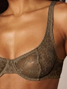 MISSGUIDED 花卉蕾絲鋼圈托高內衣，波浪飾邊寬肩帶，情人節內衣禮物 - 卡其色 - 查看 5