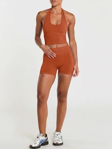 11SKNDS Seamless High Rise Cycling Shorts Skin Tight Mid Thigh Length Ribbed Knit Active Booty Shorts Summer Fitness Yoga Running With Sweat-Wicking, Stretchy, Quick-Dry, Tummy Control & Sculpting, For Gym Workout Pilates Studio, Training & Hy-Rox - Red Orange - View 3