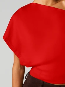 MISSGUIDED Off Shoulder Draped Crop Top With Asymmetric Neckline And Batwing Sleeves - Perfect For Date Night, Holiday Parties And Summer Evenings - Red - View 4