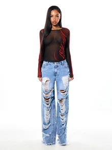 SUMWON WOMEN Sheer Mesh Long Sleeve Top With Red Script Print And Varsity Stripe Detail Round Neck Form Fitting Party Night Out Top - Black - View 3