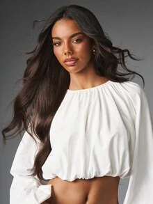 MISSGUIDED Gathered Boat Neck Puff Long Sleeve Bubble Hem Cropped Blouse Spring Summer Festival Party Night Out Top - White - View 4