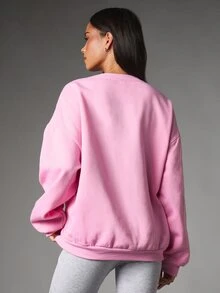 MISSGUIDED Oversized Crew Neck Sweatshirt With Chain Stitch Logo Embroidery Long Sleeve Casual Pullover Top - Pink - View 3