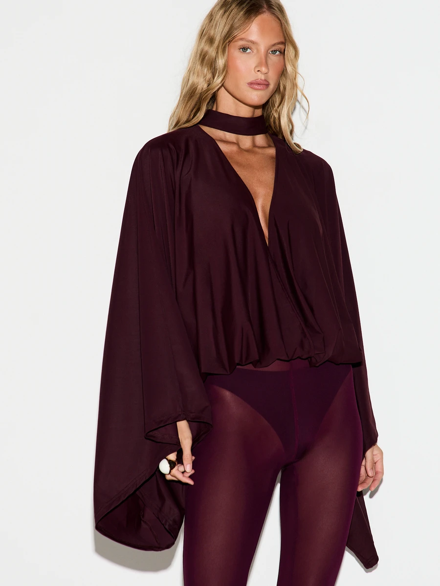 KIZN Blus Berpotongan Leher V Dalam dengan Lengan Model Kelelawar dan Detail Choker, Atasan Longgar dan Mengalir untuk Pesta Musim Gugur dan Musim Dingin, Acara Malam Hari - Merah - View 1