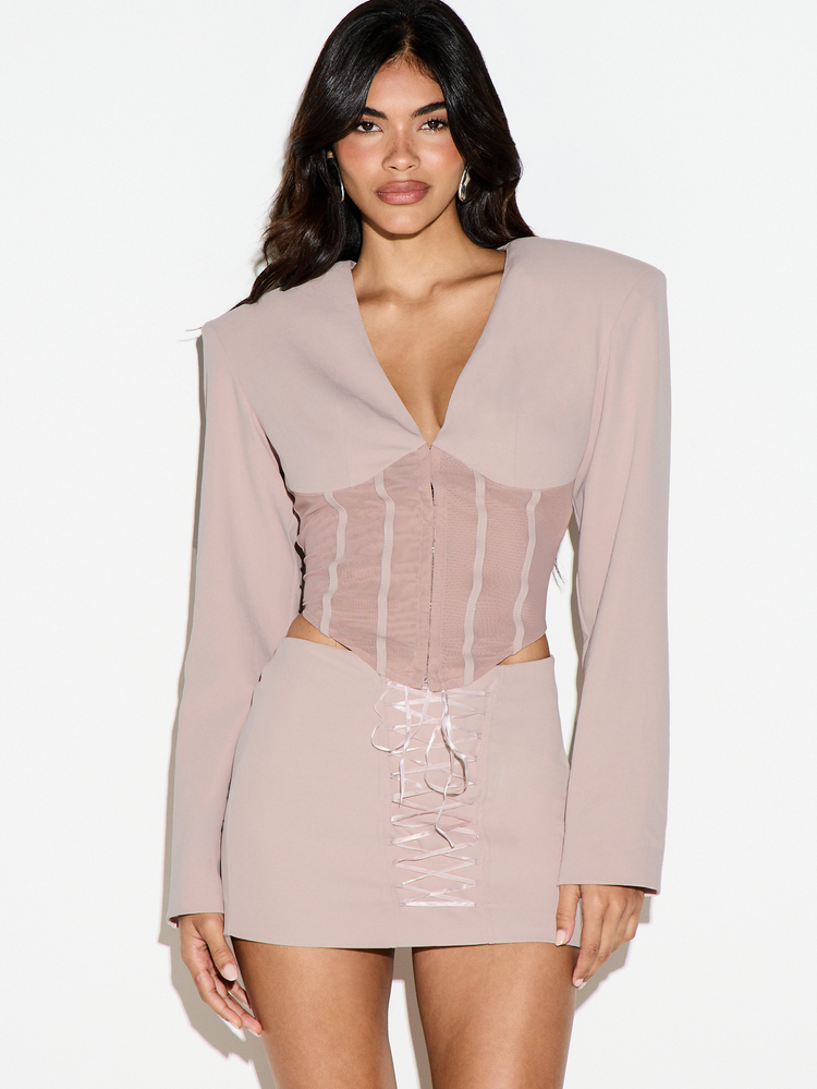 KIZN Blush Pink Bodycon Mini Skirt With Satin Lace-Up Corset Front Detail And Back Zip Closure Perfect For Party Night Out - Dusty Pink - View 1