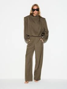 KIZN Oversized Draped Blazer With Asymmetric Wrap Collar And Single Button Closure Structured Shoulder Tailored Jacket For Fall Winter - Coffee Brown - View 3