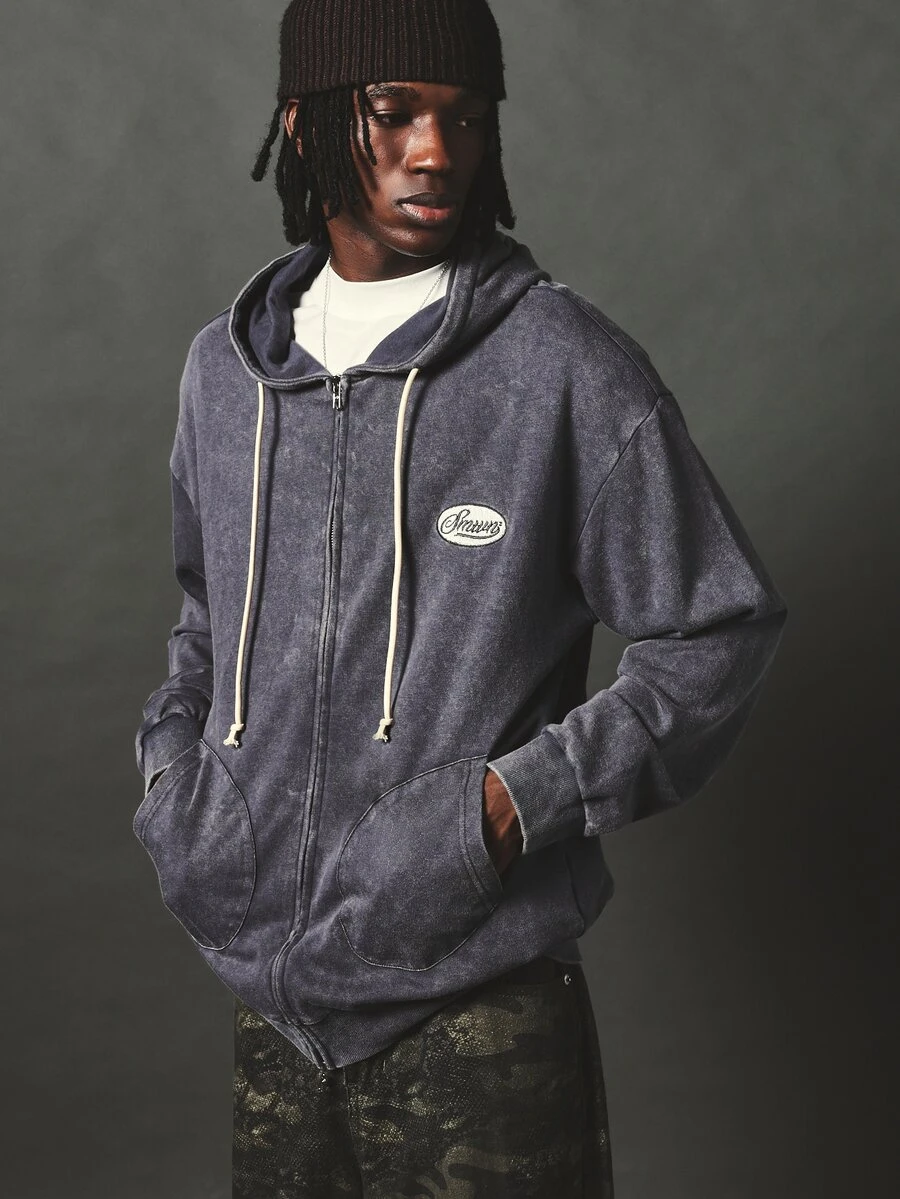 SUMWON Washed Full-Zip Hoodie With Oval Logo Patch, Oversized Long Sleeve Hooded Sweatshirt With Side Pockets And Cream Drawstring - Grey - View 1