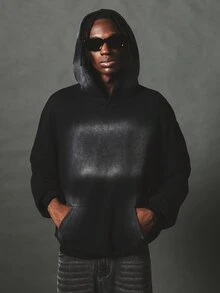 SUMWON Oversized Washed Effect Pullover Hoodie With Centre Pocket Relaxed Fit Casual Fleece Top Fall Winter - Black - View 1