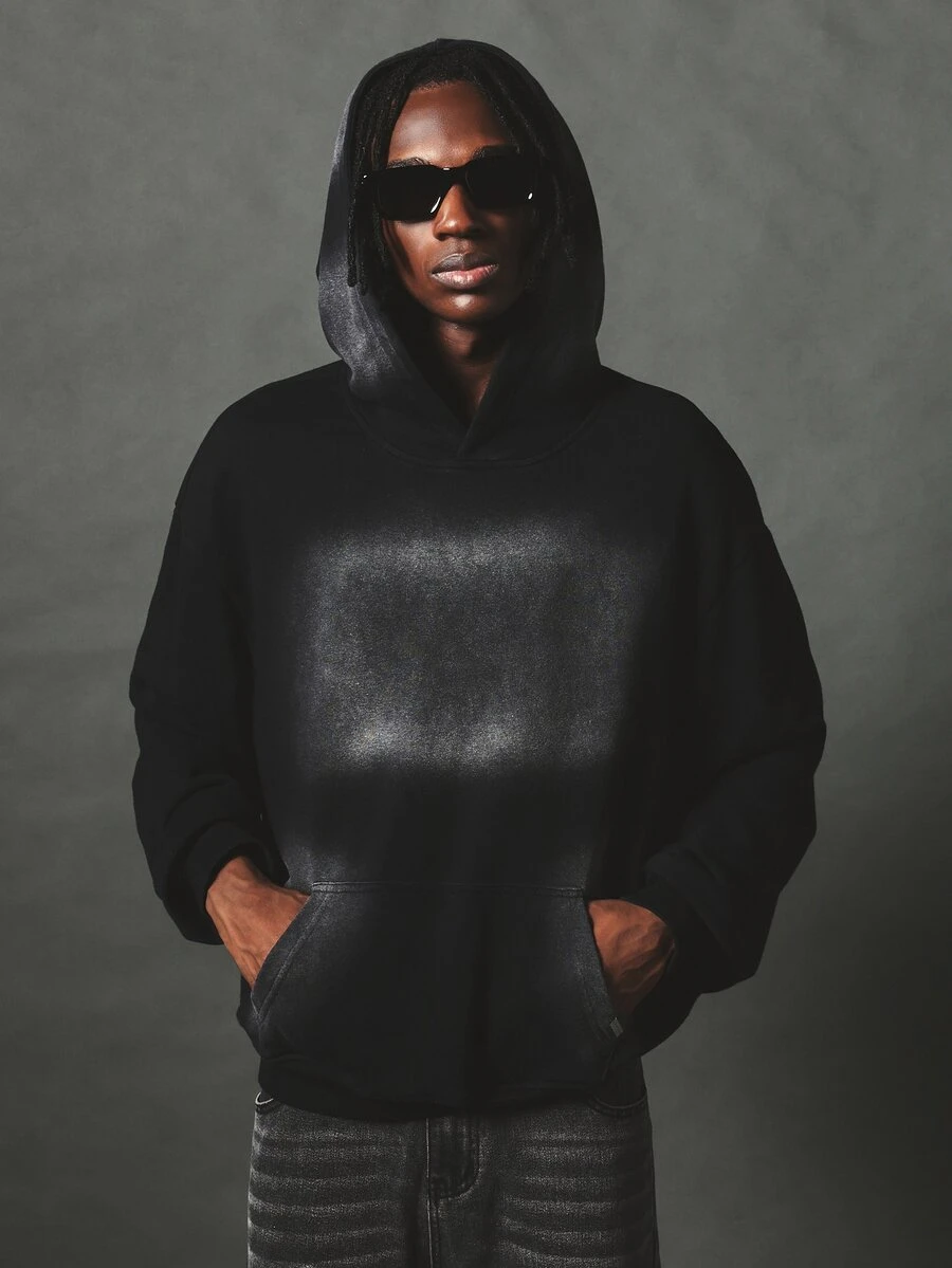 SUMWON Oversized Washed Effect Pullover Hoodie With Centre Pocket Relaxed Fit Casual Fleece Top Fall Winter - Black - View 1