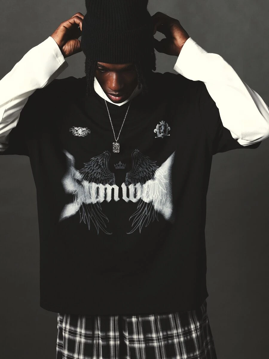 SUMWON Gothic Wings Crown Graphic Boxy Crew Neck Short Sleeve T-Shirt With Heraldic Badge Emblem Print Street Style Drop Shoulder Tee - Black - View 1