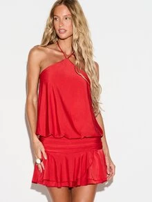 KIZN Halter Neck Mini Dress With Ruched Waist Tiered Ruffle Hem Blouson Top Satin Finish Tie Back Party Summer Holiday - Red - View 5