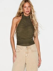 KIZN Ruched Halter Neck Backless Bodysuit Mesh Open Back High Neck Sleeveless Form Fitting One Piece Night Out Party Summer Top - Army Green - View 1