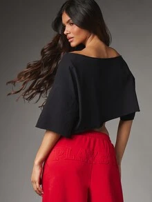 Missguided x Playboy Off-Shoulder Oversized Crop T-Shirt With Script Logo Print Front Summer Festival Statement Top - Black - View 3
