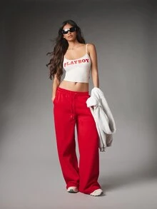 Missguided x Playboy Wide Leg Sweatpants With Embossed Logo Waist Casual Loose Fit Full Length Drawstring Jogger Pants - Red - View 2