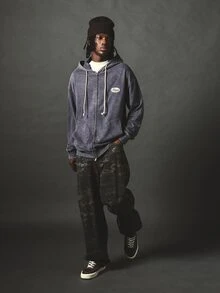 SUMWON Washed Full-Zip Hoodie With Oval Logo Patch, Oversized Long Sleeve Hooded Sweatshirt With Side Pockets And Cream Drawstring - Grey - View 3