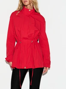 KIZN Jaket Windbreaker Merah Mencolok dengan Tali Serut di Pinggang, Kerah Tegak, Detail Kancing Jepret, Siluet Ramping, Lengan Panjang, Pakaian Luar Musim Semi - Merah - View 4