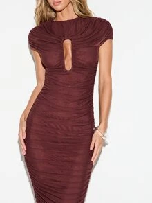 KIZN Ruched Mesh Bodycon Midaxi Dress With Cap Sleeve High Neck And Keyhole Cut-Out Detail For Party Evening - Brown - View 4