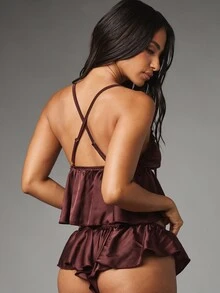 MISSGUIDED Satin Ruffle Cami And Shorts Lingerie Set With Lace Trim Bow Detail V-Neck Crossback Straps Valentine's Day Sleepwear - Brown - View 2