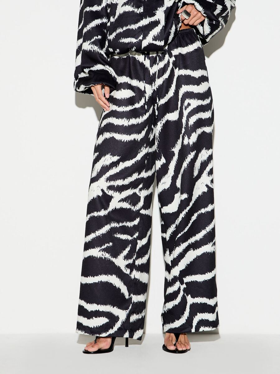 KIZN Celana Panjang Satin Motif Zebra Kaki Lebar Pinggang Tinggi dengan Tali Serut, Celana Palazzo Motif Hewan yang Berani, Panjang Penuh untuk Pesta Liburan - MultiWarna - View 1
