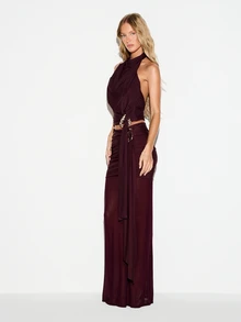 KIZN Halter Neck Backless Crop Top Ruched Drape Open Back Sleeveless Party Evening Night Out Festival Summer Style - Red - View 3