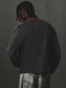 SUMWON Oversized Washed Long Sleeve Crew Neck Tee With Dropped Shoulders And Logo Script Detail For Casual Everyday Streetwear Looks - Black - View 2