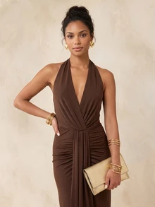 QUIZ Chocolate Brown Halter Neck Drape Ruched Bodycon Maxi Dress, Long Dress, Dresses For Women, Wedding Guest Dress Women, Wedding Guest Dress, Special Occasion Formal Dress, Summer Dress, Summer Dresses For Women, Vacation Outfits Women, Holiday Dress - Brown - View 8