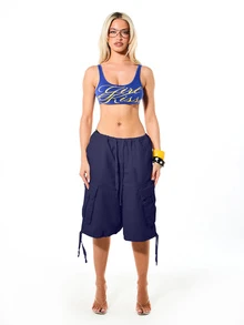SUMWON WOMEN Cargo Bermuda Shorts With Elastic Waist Drawstring Tie Hem Side Pockets Holiday Casual Cropped - Navy Blue - View 5