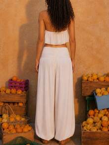 Zerodot Women Beige Balloon Fit Low Foldover Waist Pants Casual Daily Spring Fall - Apricot - View 2