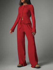 MISSGUIDED Ribbed Knit Co-Ord Set With Button-Up Cropped Cardigan And Wide-Leg Drawstring Palazzo Pants For Fall Winter Holiday Festive Occasions - Red - View 2