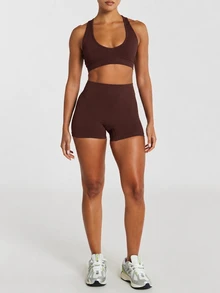11SKNDS High Rise Seamless Cycling Shorts With Ribbed Panel Detail And Logo Waistband Sweat-Wicking, Stretchy, Quick-Dry, Tummy Control & Sculpting, For Gym Workout Yoga Pilates Studio Summer, Running, Training & Hy-Rox - Chocolate Brown - View 3