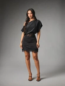 MISSGUIDED Off-Shoulder Satin Batwing Blouse With Sheer Lace Corset Waistband Detail Perfect For Party And Night Out - Black - View 3