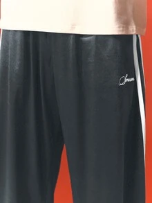 SUMWON Wide Leg Satin Track Pants With Contrast Side Stripe Detail And Script Logo Embroidery Elasticated Waist Relaxed Fit - Light Grey - View 5