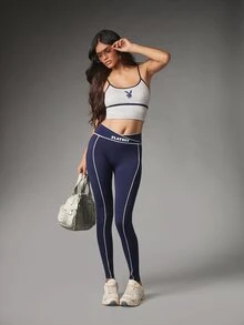 Missguided x Playboy High Rise Full Length Leggings With Contrast White Piping And Logo Waistband Crossover Detail Seamless Stretch - Blue - View 2