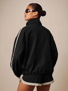 MISSGUIDED Oversized Zip-Up Track Jacket With Contrast Side Stripe Detail, Mock Neck, Elasticated Hem And Cuffs, Fall Winter Essential - Black - View 3