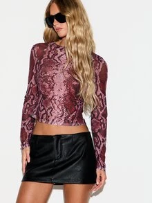 KIZN Crop Top Jala Motif Ular Lengan Panjang Leher Bulat Potongan Ramping Semi Transparan Gaya Pesta Malam Hari Festival Musim Semi Musim Panas - Burgundy - View 5