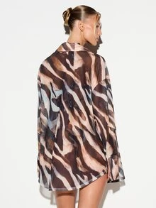 KIZN Oversized Sheer Chiffon Abstract Print Longline Beach Cover-Up Shirt With Button Front And Collared Neckline Summer Holiday Vacation - Brown - View 2