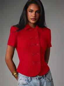 MISSGUIDED Double-Breasted Short Sleeve Blazer Jacket With Spread Collar Structured Fitted Waist Curved Hem Holiday Party - Red - View 4