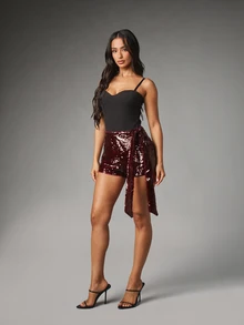 MISSGUIDED Sequin High Rise Mini Hot Pants With Side Tie Detail Sparkle Party Festive Holiday Night Out New Year Eve Shorts - Burgundy - View 2