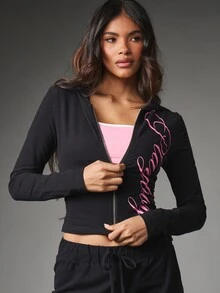 Missguided x Playboy Hoodie Crop dengan Resleting dan Logo Tulisan, Lengan Panjang, Atasan Athleisure Pas Badan, Pakaian Kasual Musim Semi, Streetwear - Hitam - View 5
