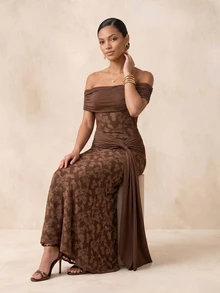 QUIZ Brown Bardot Off Shoulder Ruched Waist Tie Detail Maxi Dress, Elegant Long Dress, Wedding Guest Dress Women, Vacation Outfits Women, Holiday Dress, Resort Travel Dress, Summer Dresses For Women - Coffee - View 6